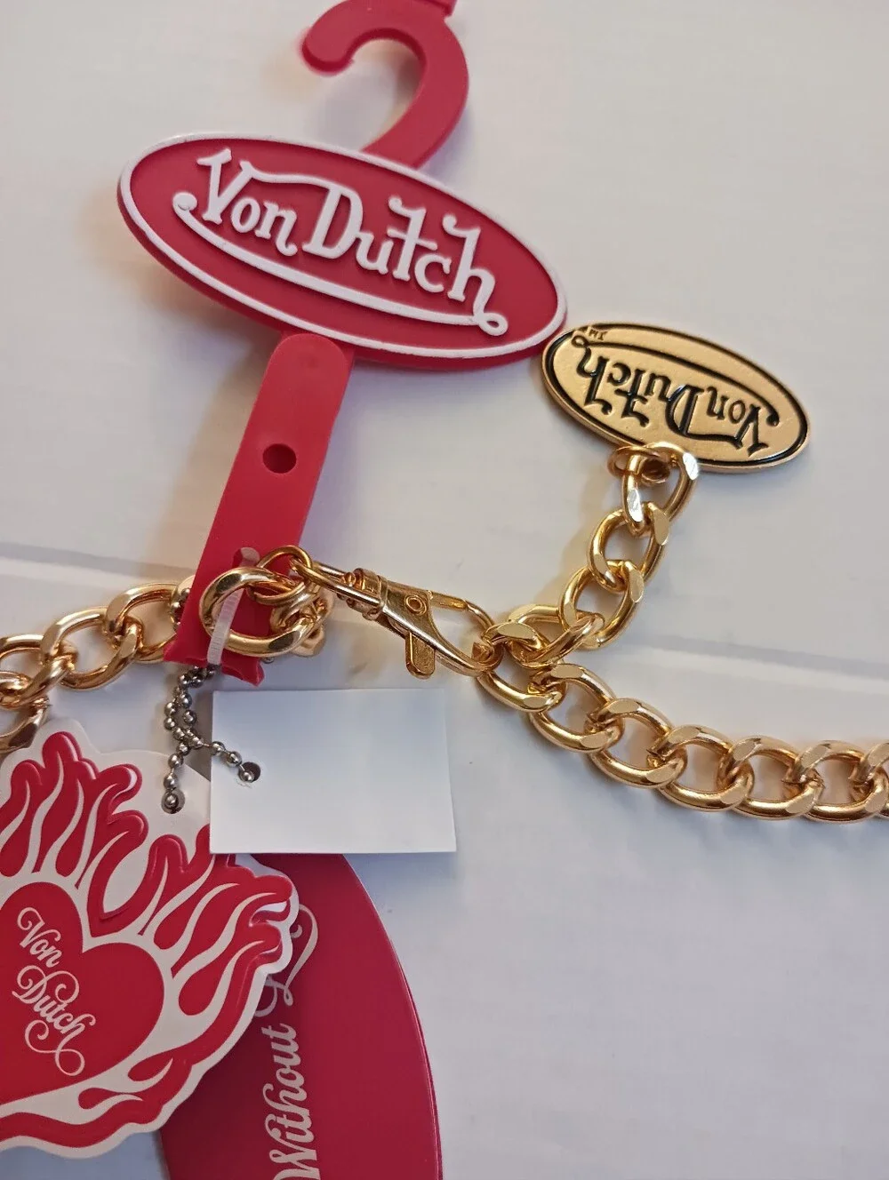 VON DUTCH Double Chain CHARM Belt Gold-tone Enamel Eyeball Flames Size S/M New